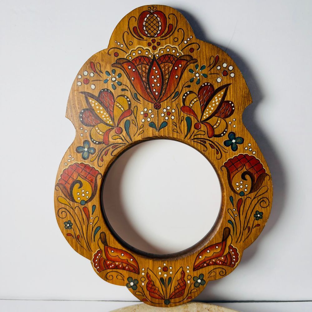 Vintage Handpainted Artisan‎ Ornate Wooden Hanging Wall Frame Mirror Floral